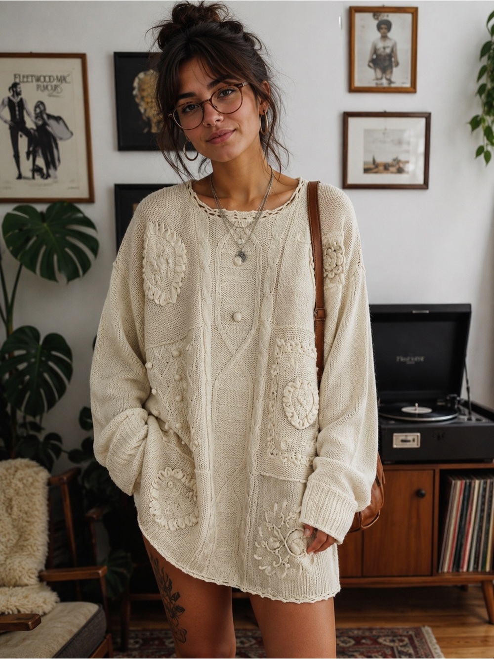 PK Elliot Plus cream pom detailed cable knit Crewneck heart patterned sweater